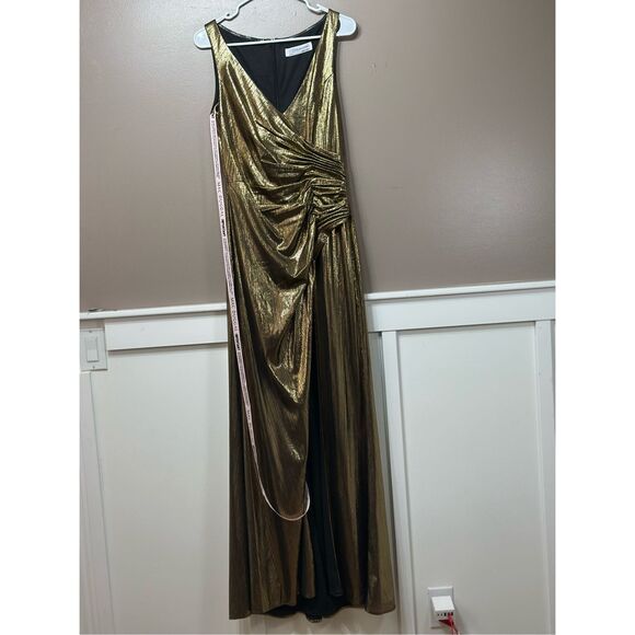 NWT Mac Duggal Metallic Ruched Detail Front Slip V Neck Gown Maxi Dress Small - Picture 4 of 13